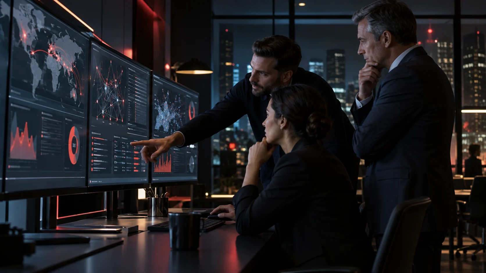 Three technology specialists reviewing security and network information on workstation monitors