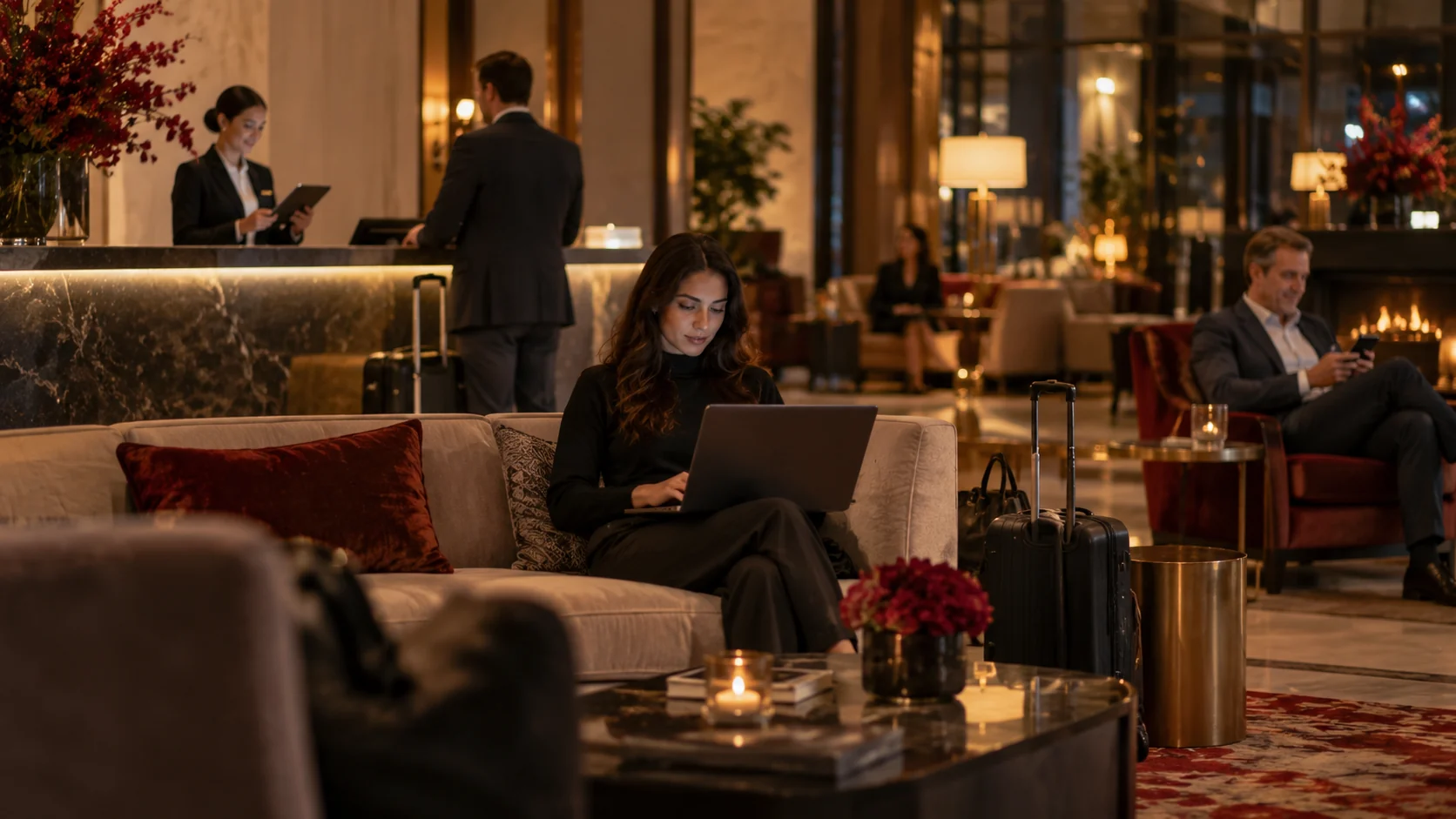 Guest working on a laptop in a hotel lounge, with reception and other travelers in the background