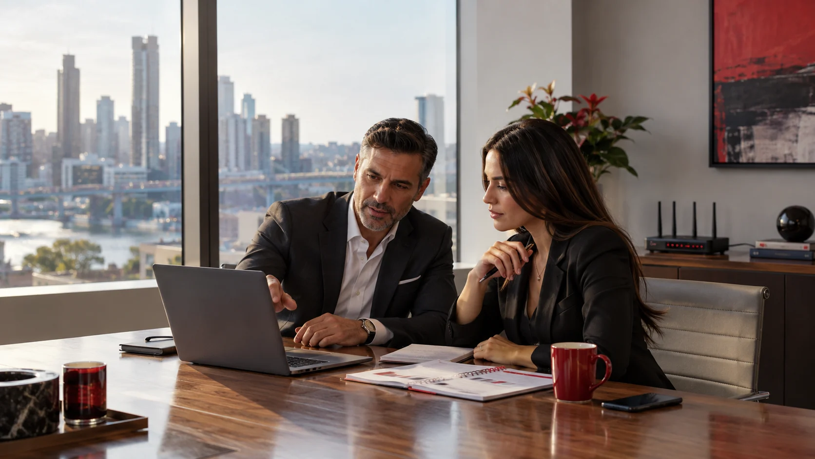 Two business professionals reviewing a laptop and printed notes in a sunlit office