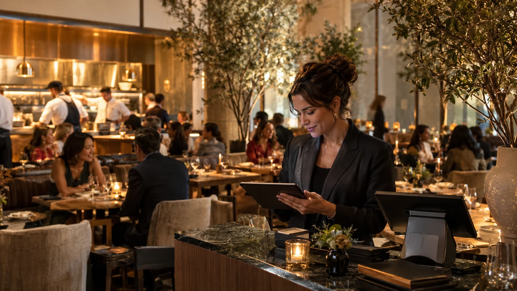 Restaurant host using a tablet beside a point-of-sale terminal during dinner service