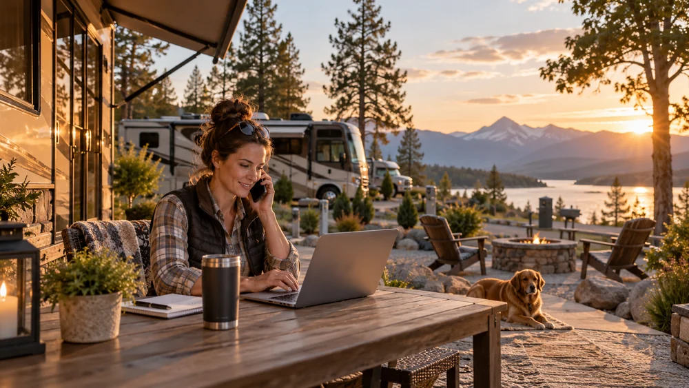 Traveler using a laptop and phone beside an RV overlooking a lake at sunset